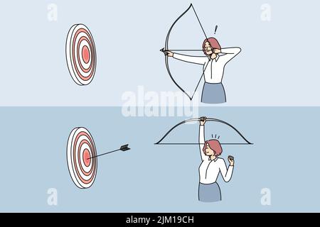 Frau mit Pfeil und Bogen schießen Ziel. Erfolgreiche Geschäftsfrau gewinnt Erreichen Sie Geschäftserfolg oder Ziel. Erfolg und Erfolg. Vektorgrafik. Stock Vektor