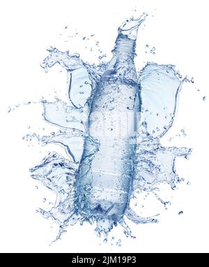 Flasche Wasser im Wasser Splash und Wasser Splash Krone oben. Datei enthält Beschneidungspfad. Stockfoto