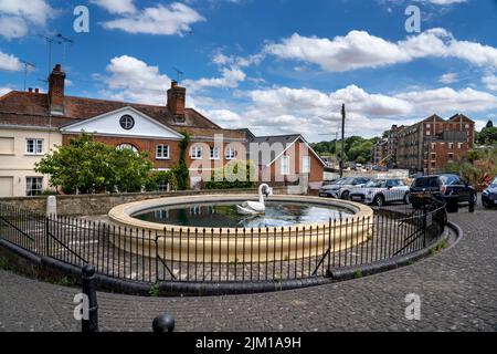 DER SWAN-BRUNNEN UND DIE DAHINTER LIEGENDEN COTTAGES WURDEN 1778 VON RICHARD RIGBY NACH EINEM ENTWURF VON ROBERT ADAM ERBAUT, DER AUCH DIE ZWILLINGSTÜRME IN MISTLEY ENTWARF Stockfoto