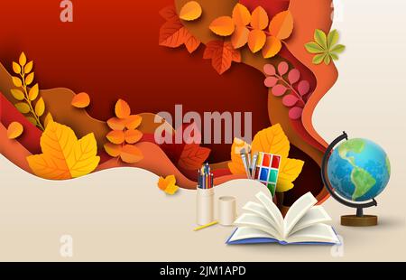 Bildungskonzept. Schulabschluss. Herbstvektor. Papiergeschnittene geschichtete Illustration mit Studienmaterial und herbstlichem Blattdesign. Verkaufskampagne, Kno Stock Vektor