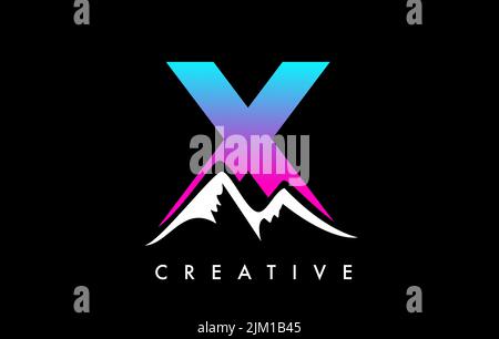 X Buchstabe Mountain Icon Logo Design. Buchstabe X mit Bergspitzen und farbenfroher, lebendiger Form-Vektor-Illustration. Stock Vektor