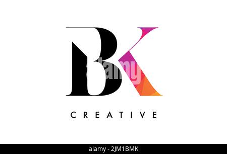 BK Briefdesign mit kreativem Schnitt und farbenfroher Regenbogenstruktur. BK Letter Icon Vector Logo mit Serifenschrift und minimalistischem Stil. Stock Vektor