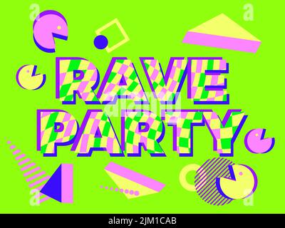 Rave psychedelische, saure Reise. Schwärmen Sie Partybriefe mit Illusion. Geometrische Formen auf hellem, saurem Hintergrund. Design für Poster, Banner und Pro Stock Vektor