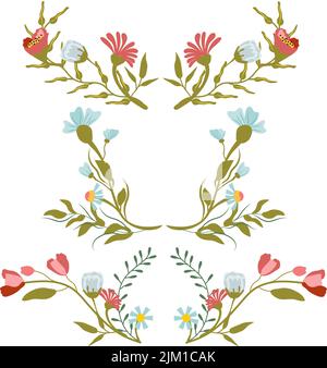 Set aus Blumenkränzen, Kompositionen mit Wildblumen. Botanische Sammlung Zweige, Blumen, Kräuter, dekorative Blätter. Konzept der Hochzeit, Einladung. Vektorgrafik. Stock Vektor