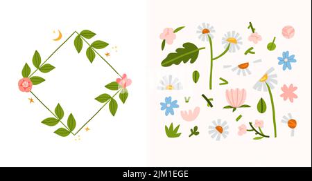 Handgezeichnete Vektor abstrakte Grafik Set mit Clipart Illustration von Ornament Rahmen mit Blumen, Kamille und Blätter in einfachen Stil für Branding Stock Vektor