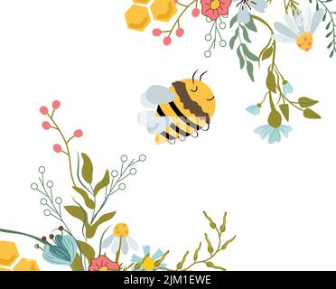 Happy Honey Biene mit Wildblumen. Niedliche Biene, Blätter, Blumen, Kräuter. Komposition für Ihre Marke, Logo, Etikett, Banner, Postkarte. Vektorgrafik. Stock Vektor