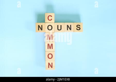 Gemeinsames Substantiv-Konzept in der englischen Grammatikausbildung. Holzblock Kreuzworträtsel flach lag auf blauem Hintergrund. Stockfoto
