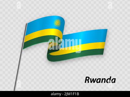 Schwenkende Flagge Ruandas auf Fahnenmast. Vorlage für den Unabhängigkeitstag Stock Vektor