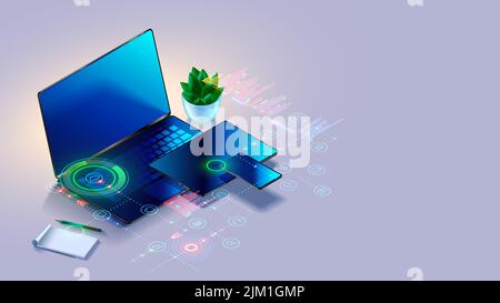 Laptop, Tablet, Telefon auf dem Tisch in isometrischer Form. Tech-Symbole der Computertechnologie, Software entwickeln über Computergeräte auf weißem Hintergrund. Dunkel leer Stock Vektor