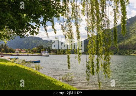 Blick auf den Alpensee Idro (Lago d'Idro), eingerahmt von langen grünen Weidenzweigen, die sich in Richtung Wasser erstrecken. Brescia, Italien Stockfoto