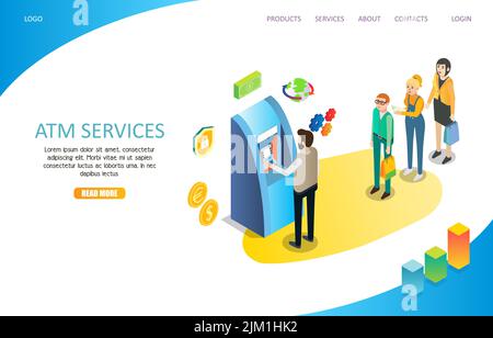 Vorlage für die Landing-Page-Website für ATM-Services. Vektor-isometrische Darstellung von Personen, die in der Schlange warten, um Finanztransaktionen mit einem durchzuführen Stock Vektor