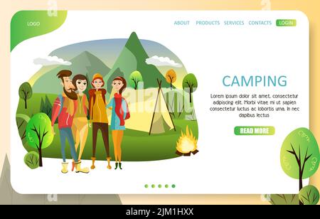 Vorlage für die Landing-Page-Website von Camping. Vektordarstellung von Menschen, die neben Lagerfeuer und Zelt im Wald stehen. Sommer Camping, Wandern, Trekking Co Stock Vektor