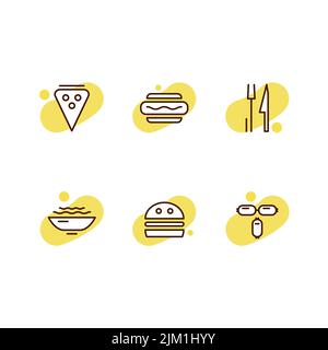 Satz von Vektor-Icons zum Thema Fleisch. Braune Kontur und gelber Hintergrund an jedem Symbol. Stock Vektor