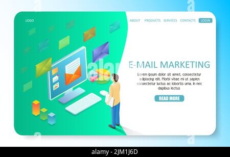 Vorlage für die Landing-Page-Website für E-Mail-Marketing. Vektor-isometrischer Computermonitor mit Umschlag-E-Mail-Symbol auf dem Bildschirm. Stock Vektor