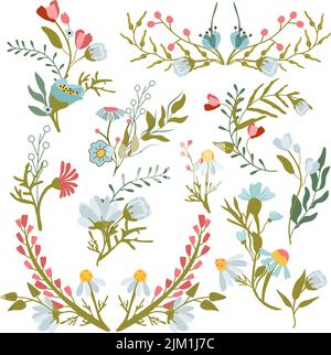 Set aus Blumenzweigen, Kompositionen mit Wildblumen. Botanische Sammlung Zweige, Blumen, Kräuter, dekorative Blätter. Konzept der Hochzeit, Einladung. Vektorgrafik. Stock Vektor