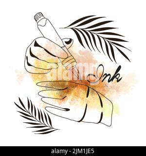 Tattoomaschine, Ausrüstung für Tattoos, Tinte, Skizze im Doodle-Stil, Aquarell-Hintergrund Stock Vektor