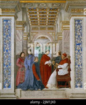 Papst Sixtus IV. Ernennt Bartolomeo Platina zum Präfekten der Vatikanischen Bibliothek. Museum: Musei Vaticani in Viale Vaticano, Rom. AUTOR: MELOZZO DA FORLI. Stockfoto