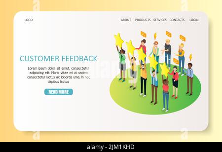 Vorlage für die Landing-Page-Website für Kundenfeedback. Isometrische Vektordarstellung. Kundenreview-Konzept. Stock Vektor