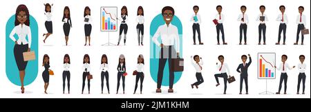 Geschäftsmann und Geschäftsfrau in der Arbeit Posen Set Vektor Illustration. Cartoon-Mitarbeiter, Unternehmer und Manager stehen, denken über Ideen, zeigen Geschäftspräsentation isoliert weiß Stock Vektor