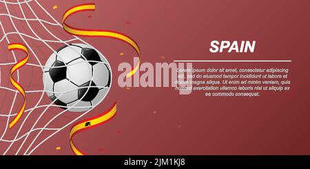 Fußball Hintergrund mit fliegenden Bändern in den Farben der Flagge von Spanien. Realistischer Fußball im Tornetz. Stock Vektor