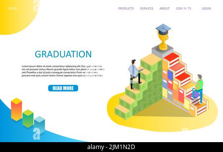 Vorlage für die Landing-Page-Website für Abschlussfeiern. Vektor isometrische Illustration von zwei Männern gehen nach oben zu Trophäe und Graduierung Kappe auf der Oberseite. Unternehmens-E Stock Vektor