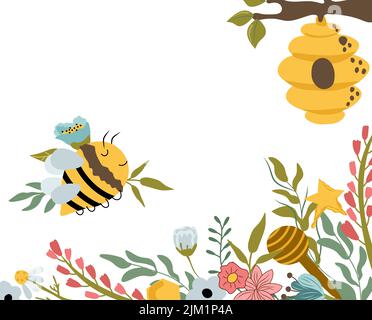 Happy Honey Biene mit Wildblumen. Bienenstock, Blätter, Blumen, Kräuter. Komposition für Ihre Marke, Logo, Etikett, Banner, Postkarte. Vektorgrafik. Stock Vektor