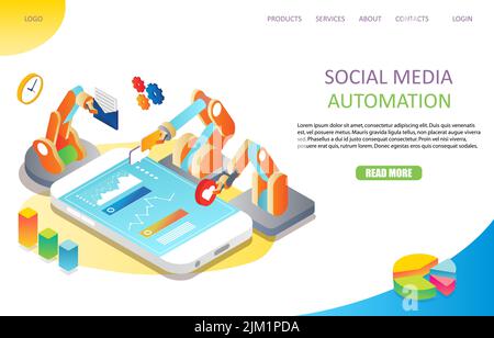 Vorlage für die Landing Page-Website für die Automatisierung sozialer Medien. Isometrische Vektordarstellung. Automatisierungskonzept für Social Media Marketing. Stock Vektor