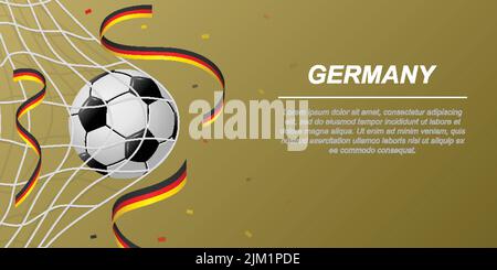 Fußballhintergrund mit fliegenden Bändern in den Farben der Flagge Deutschlands. Realistischer Fußball im Tornetz. Stock Vektor