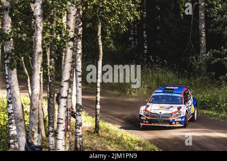 Jyvaskyla, Finnland - 04/08/2022, 27 PAJARI Sami (fin), MALKONEN Enni (fin), Skoda Fabia Evo, Aktion während der Rallye Finnland 2022, 8. Runde der WRC World Rally Car Championship 2022, vom 4. Bis 7. August 2022 in Jyvaskyla, Finnland - Foto: Nikos Katikis/DPPI/LiveMedia Stockfoto