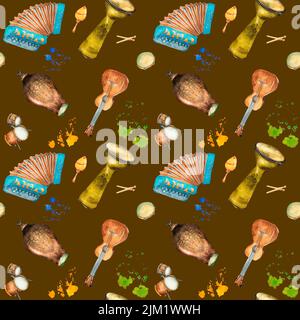 Hispanische Musikinstrumente und Aquarelle platschen nahtlos in die dunkle Farbe. Lateinische Trommel, Conga, Akkordeon, Gitarrenillustration handbemalt. Design el Stockfoto