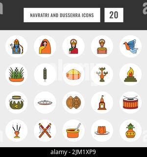 Illustration Von Navratri Und Dussehra Icon Set In Flat Style. Stock Vektor