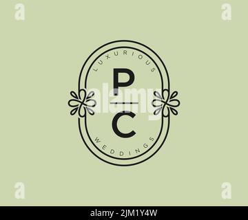 PC Initialen Brief Hochzeit Monogramm Logos Vorlage, handgezeichnete moderne minimalistische und florale Vorlagen für Einladungskarten, Save the Date, elegant Stock Vektor