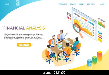 Vorlage für die Landing-Page-Website der Finanzanalyse. Isometrische Vektordarstellung. Betriebsinvestitionsprüfung, Datenanalyse, Finanzforschungskonzept. Stock Vektor