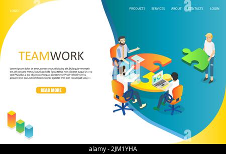 Vorlage für die Landing-Page-Website für Teamwork. Vektor-isometrische Illustration von Büroleuten, die Puzzles beim Sitzen am Tisch machen. Projektarbeit, Stock Vektor