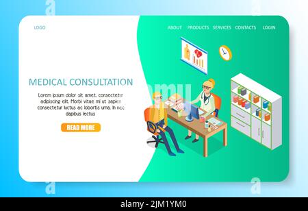 Vorlage für die Landing-Page-Website für medizinische Konsultationen. Vektor-isometrische Darstellung von Arzt und Patient in der medizinischen Klinik. Stock Vektor