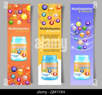 Vitamin- und Mineralkomplex Vektor-Bannerset. Multivitamin fallende Kugeln und Plastikflasche mit Etikett. Nahrungsergänzungsmittel mit Vitaminen und Mineralstoffen Stock Vektor