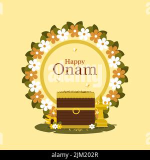 Grüße für das Onam-Festival mit Reis und anderen tollen Gegenständen. Onam ist das beliebte Festival in Kerala, Indien Stock Vektor