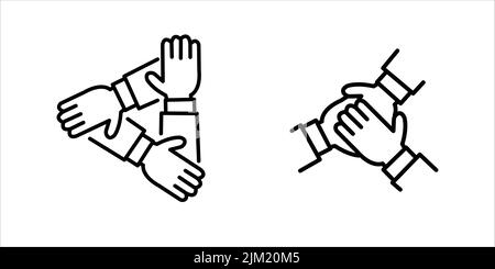 Symbol „Team Hands“. Drei Hände halten die Teamarbeit zusammen. Einfaches Design. Linienvektor. Auf weißem Hintergrund isolieren. Stock Vektor