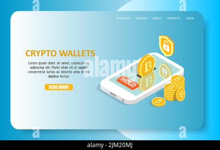 Vorlage für die Landing Page-Website von Crypto Wallets. Vektor isometrisches Smartphone mit Bitcoins, Schild Sicherheitssymbol. Online Crypto Wallets Konzept. Stock Vektor