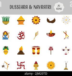 Illustration Der Dussehra & Navratri 20 Ikone In Linie Art. Stock Vektor