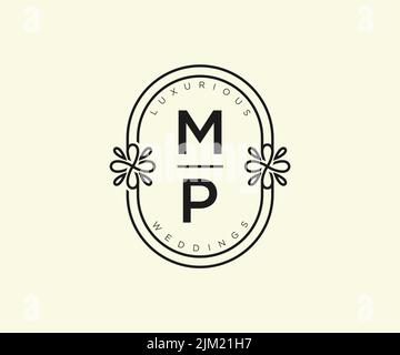 MP Initialen Brief Hochzeit Monogramm Logos Vorlage, handgezeichnete moderne minimalistische und florale Vorlagen für Einladungskarten, Save the Date, elegant Stock Vektor