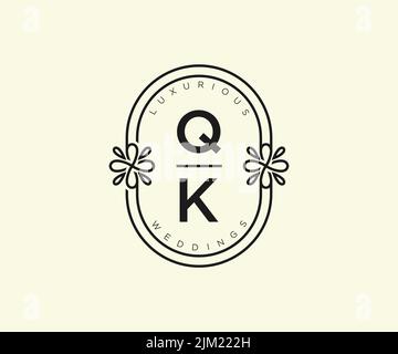 QK Initialen Brief Hochzeit Monogramm Logos Vorlage, handgezeichnete moderne minimalistische und florale Vorlagen für Einladungskarten, Save the Date, elegant Stock Vektor