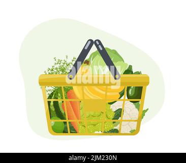 Einkaufskorb mit frischem Gemüse und Obst, Bananen, Kohl, Wassermelone vom lokalen Bauernmarkt. Gesundes veganes Food-Set. Vektorgrafik Stock Vektor