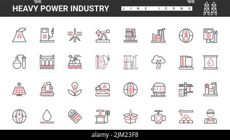 Schwerindustrie, Kraftwerksanlagen und Energieerzeugung dünne rote und schwarze Linien-Symbole setzen Vektordarstellung. Abstrakt Öl und Gas, Kohleförderung, Raffineriefabrik, Konstruktionen und Schornsteine Stock Vektor