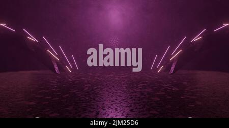 Luxuriös und elegant futuristische Technologie interessante Rauch Volumetrics White Underground Hall Korridor Tunnel LED-Lichter Laser Banner Hintergrund 3D Stockfoto