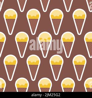 Gelbe Eislöffel in Waffel-Kegel nahtlose Muster braun Schokolade Hintergrund Dekoration Design Stock Vektor