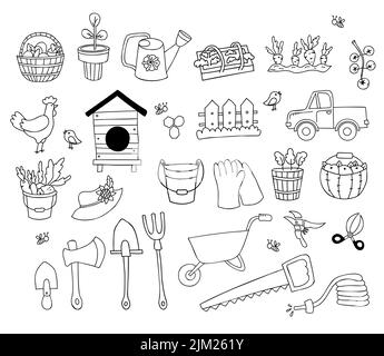 Landwirtschaftliche und landwirtschaftliche Kritzeleien. LKW, Topfkeimlinge, Bienenstock, Gartengeräte, Schaufel, axe, Hahn, Huhn, Gartenschlauch, Karottenbett, Gewächshaus mit Stock Vektor