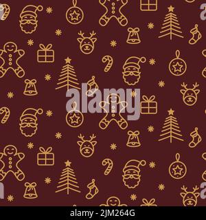 Weihnachtshintergrund dunkelrot mit goldenen Symbolen, nahtloses Geschenkpapier-Muster Stock Vektor