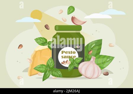 Pesto-Kochkonzept. Italienische Küche Sauce mit Zutaten: Knoblauch, Pinienkerne, Parmesan-Käse, grünem Basilikum, Vektor-Illustration isoliert auf weiß Stock Vektor