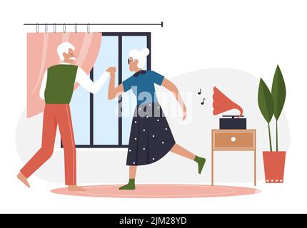 Ältere Paare tanzen. Senioren Menschen verbringen lustige Zeit zusammen Vektor Illustration Stock Vektor